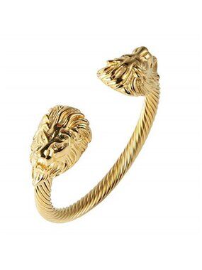 Mens Lion CZ Eyes Bracelet Cable Wire Bangle Stainless Steel Gold Plated